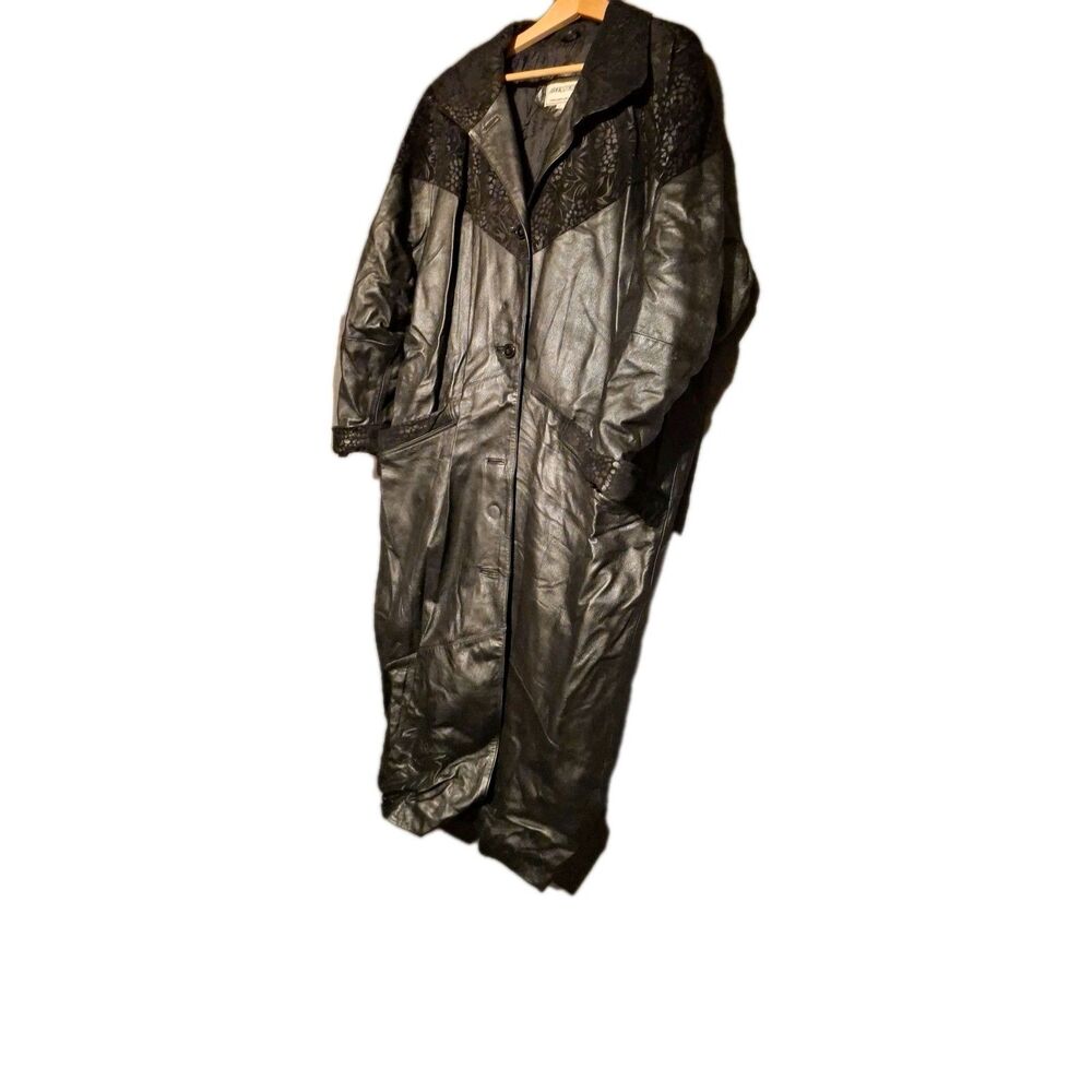 Fitz-Wright Women's Vintage Black Leather Full Length Trench Coat Size 1x